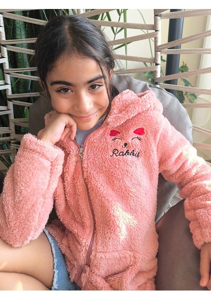 kız Çocuk Peluş Polar Hırka Kapşonlu Fermuarlı Cepli Pembe Beyaz Siyah Mor Gül Kurusu fırsatları