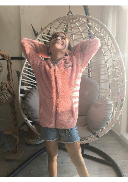 kız Çocuk Peluş Polar Hırka Kapşonlu Fermuarlı Cepli Pembe Beyaz Siyah Mor Gül Kurusu