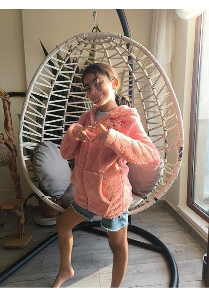 kız Çocuk Peluş Polar Hırka Kapşonlu Fermuarlı Cepli Pembe Beyaz Siyah Mor Gül Kurusu