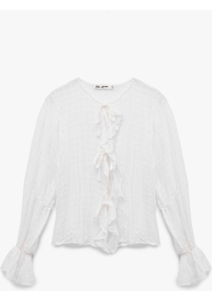 Bağlamalı Yakalı Fırfırlı Fiyonklu Uzun Kollu Viskon Karışımlı Bluz