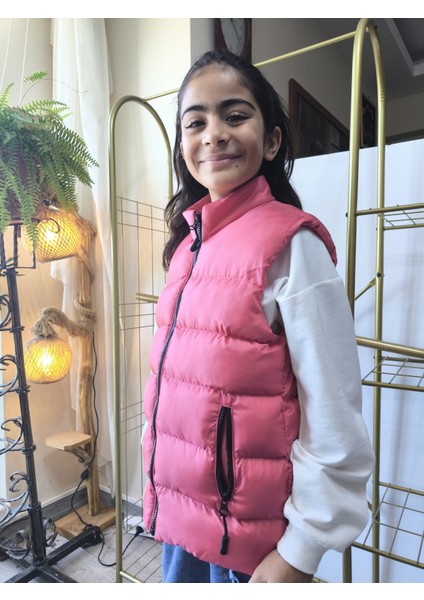 kız-Erkek Çocuk Şişme Yelek Astarlı Fermuarlı Cepli Su Tutmaz Rüzgar Kesici Isı Yalıtımlı Pembe fırsatları