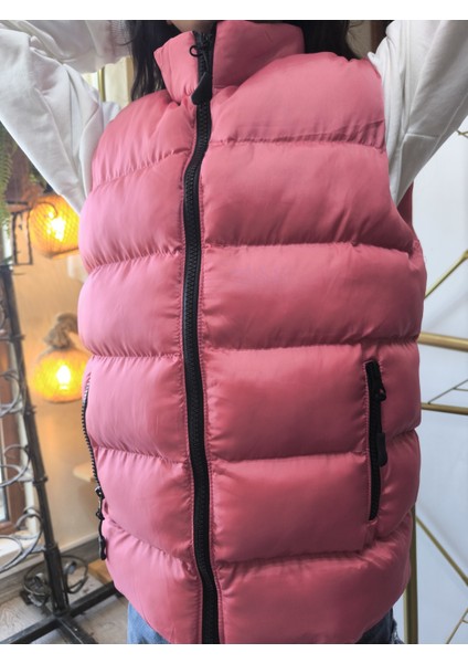 kız-Erkek Çocuk Şişme Yelek Astarlı Fermuarlı Cepli Su Tutmaz Rüzgar Kesici Isı Yalıtımlı Pembe