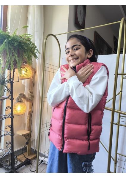 kız-Erkek Çocuk Şişme Yelek Astarlı Fermuarlı Cepli Su Tutmaz Rüzgar Kesici Isı Yalıtımlı Pembe