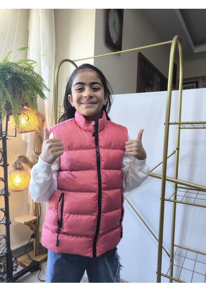 kız-Erkek Çocuk Şişme Yelek Astarlı Fermuarlı Cepli Su Tutmaz Rüzgar Kesici Isı Yalıtımlı Pembe