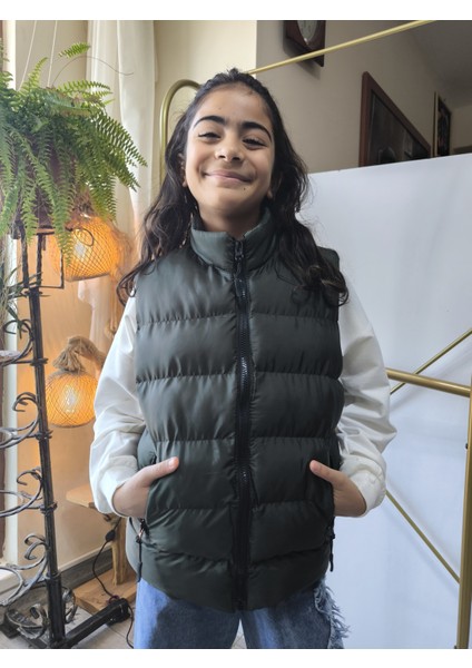 kız-Erkek Çocuk Şişme Yelek Astarlı Fermuarlı Cepli Su Tutmaz Rüzgar Kesici Isı Yalıtımlı Haki Yeşil