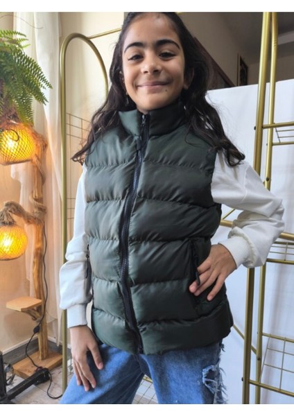 kız-Erkek Çocuk Şişme Yelek Astarlı Fermuarlı Cepli Su Tutmaz Rüzgar Kesici Isı Yalıtımlı Haki Yeşil fiyatları