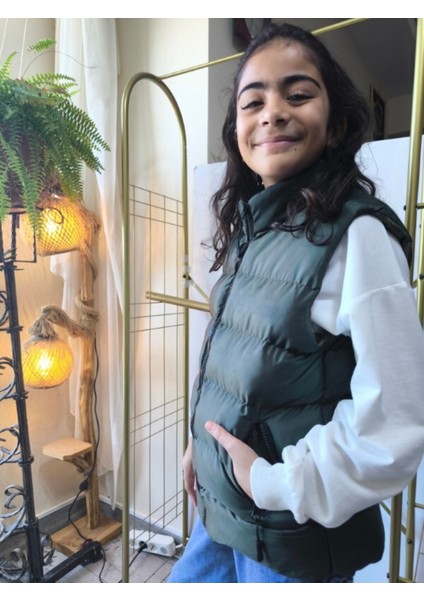 kız-Erkek Çocuk Şişme Yelek Astarlı Fermuarlı Cepli Su Tutmaz Rüzgar Kesici Isı Yalıtımlı Haki Yeşil fırsatları