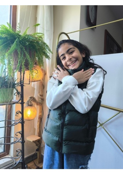 kız-Erkek Çocuk Şişme Yelek Astarlı Fermuarlı Cepli Su Tutmaz Rüzgar Kesici Isı Yalıtımlı Haki Yeşil indirimleri