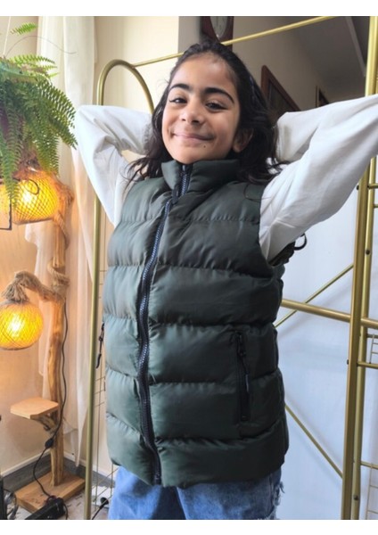 kız-Erkek Çocuk Şişme Yelek Astarlı Fermuarlı Cepli Su Tutmaz Rüzgar Kesici Isı Yalıtımlı Haki Yeşil