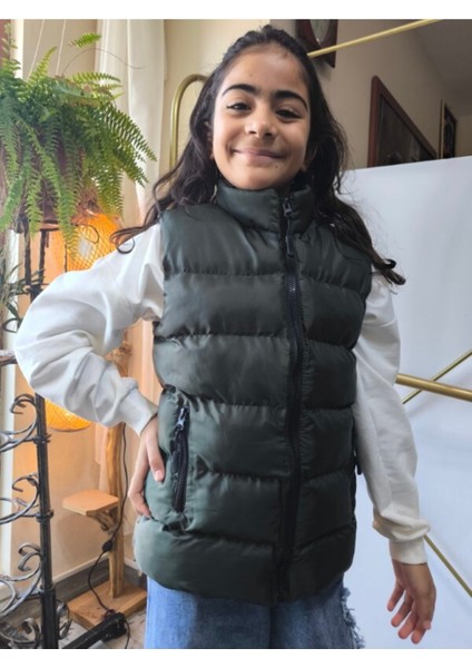 kız-Erkek Çocuk Şişme Yelek Astarlı Fermuarlı Cepli Su Tutmaz Rüzgar Kesici Isı Yalıtımlı Haki Yeşil