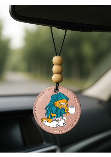 Suni Deri Ahşap Süslemeli Desenli Dikiz Aynası Süsü Pudra Pembe - GARFIELD8262