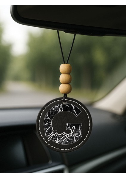 Kişiye Özel Isim Yazılı 1.sınıf Deri Oto Aksesuar Dikiz Aynası Süsü Siyah - G Harfi