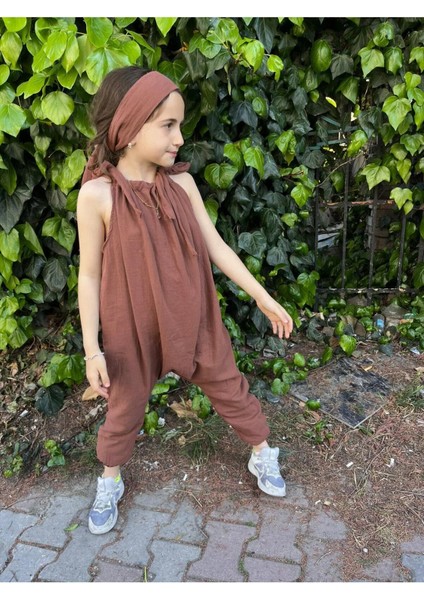 %100 Organik Çift Kat Müslin Kız Çocuk Şalvar Tulum Kahverengi fiyatları