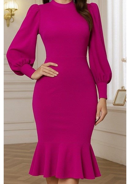 Kadın Uzun Kollu Yarı Balıkçı Yaka Etek Ucu Fırfır Detaylı Midi Ithal Krep Elbise fiyatları