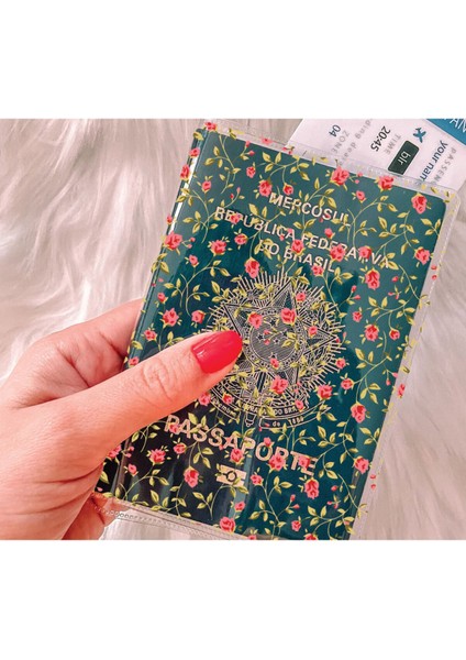 Tüm Ülke Pasaportları ile Uyumlu Şeffaf Pvc Baskılı Cepli Pasaport Kılıfı Kabı - Rose
