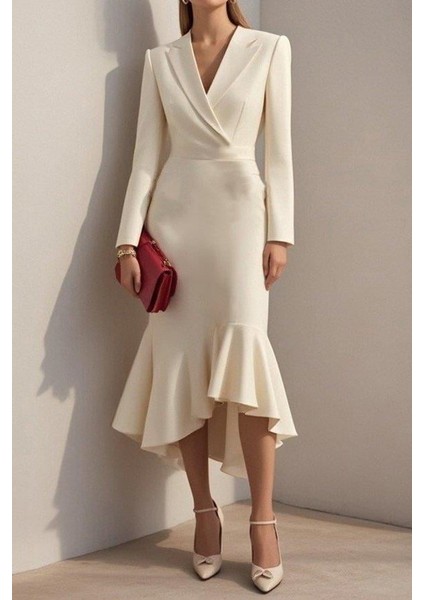 Kadın Uzun Kollu Yakalı Belden Oturtmalı Midi Ithal Krep Elbise