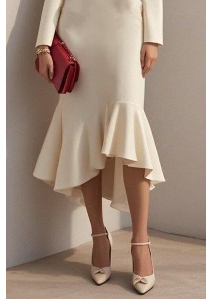 Kadın Uzun Kollu Yakalı Belden Oturtmalı Midi Ithal Krep Elbise modelleri