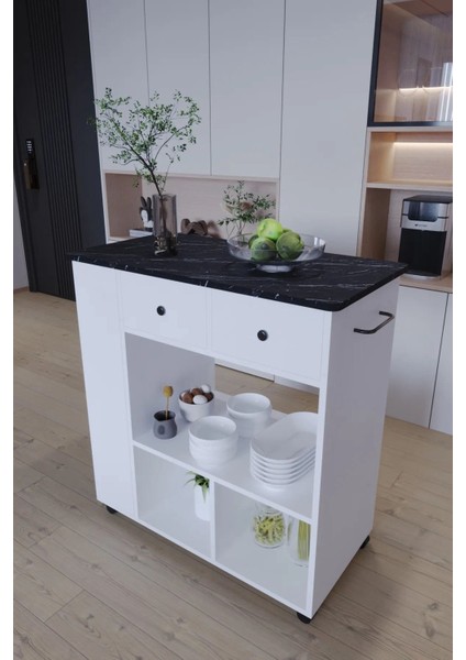 Tekerlekli Raflı Kahve Köşesi Dolabı – Oval Kenarlı, Çekmeceli, Mikrodalga ve Tost Makinesi Uyumlu, Modern Beyaz Tasarım