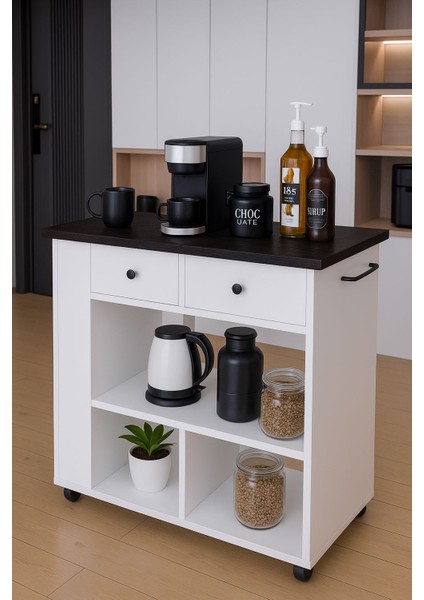 Tekerlekli Raflı Kahve Köşesi Dolabı – Oval Kenarlı, Çekmeceli, Mikrodalga ve Tost Makinesi Uyumlu, Modern Beyaz Tasarım modelleri