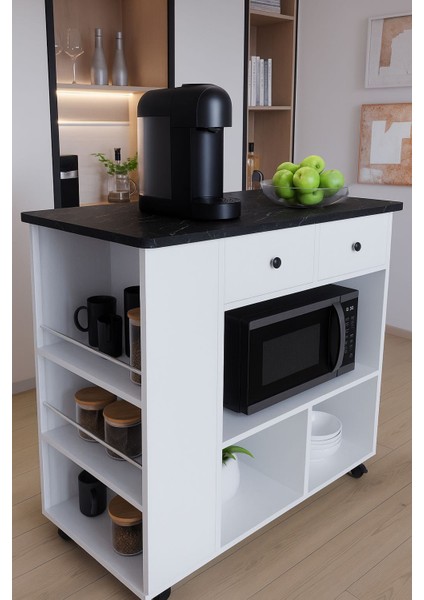 Tekerlekli Raflı Kahve Köşesi Dolabı – Oval Kenarlı, Çekmeceli, Mikrodalga ve Tost Makinesi Uyumlu, Modern Beyaz Tasarım fırsatları