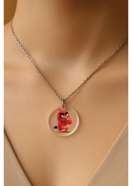 Şeffaf Sert Akrilik Kolye Ucu ve Üzeri Zincirli Desenli Kolye Angry