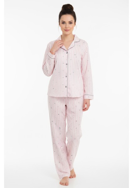 Luxury Viscose Pudra Pembe Minik Kalp Desenli Kadın Uzun Kollu Pijama Takımı – 42545