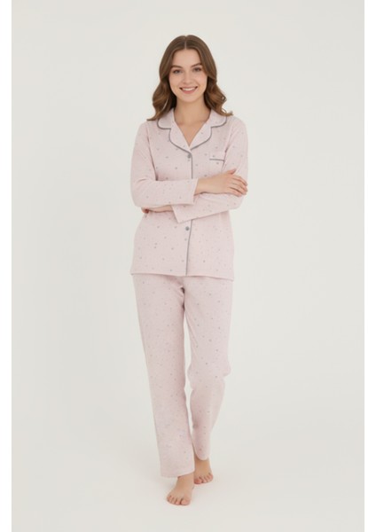 Luxury Viscose Pudra Pembe Minik Kalp Desenli Kadın Uzun Kollu Pijama Takımı – 42545 modelleri