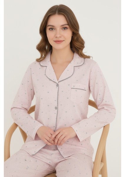 Luxury Viscose Pudra Pembe Minik Kalp Desenli Kadın Uzun Kollu Pijama Takımı – 42545 fırsatları