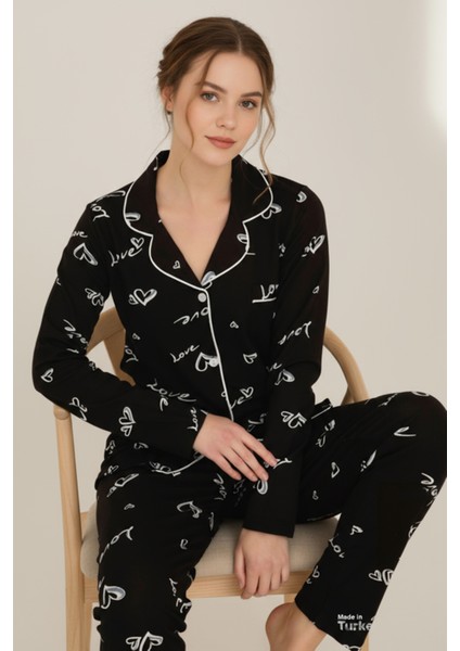 Luxury Viscose Siyah Love ve Kalp Desenli Kadın Uzun Kollu Pijama Takımı – 42572