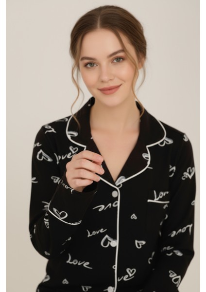 Luxury Viscose Siyah Love ve Kalp Desenli Kadın Uzun Kollu Pijama Takımı – 42572 fiyatları
