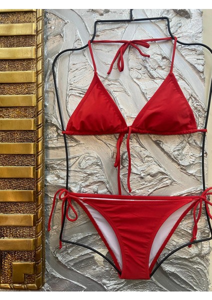 Kadın Likralı Esnek Yandan ve Boyundan Bağlamalı Şık Ipli Üçgen Bikini Takım