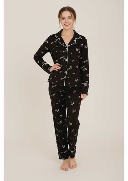 Luxury Viscose Siyah Love ve Kalp Desenli Kadın Uzun Kollu Pijama Takımı – 42572 modelleri