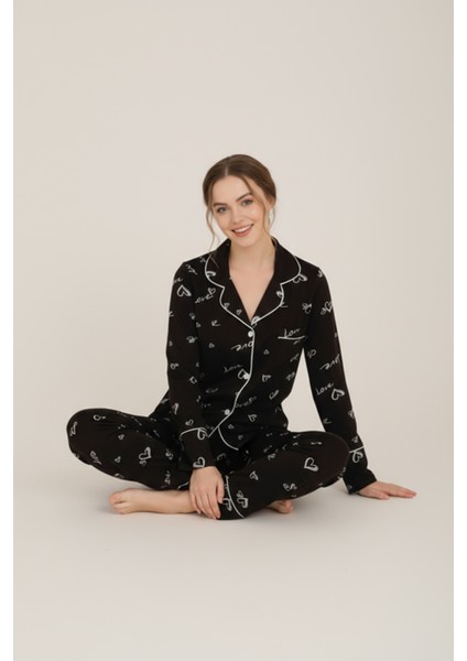 Luxury Viscose Siyah Love ve Kalp Desenli Kadın Uzun Kollu Pijama Takımı – 42572 fırsatları