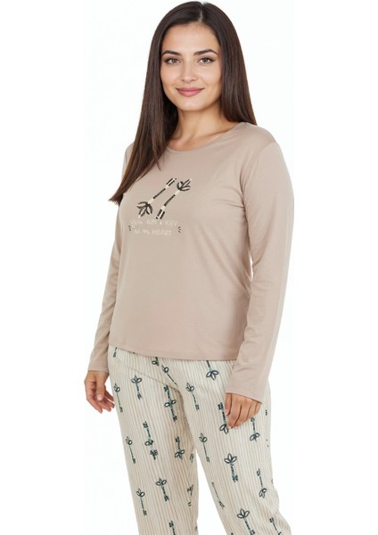 Üstü Yazılı Altı Çizgili Elite Viscose Uzun Büyük Beden Pijama Takımı Pudra 3597 fiyatları