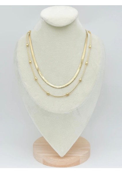 Altın Renkli Su Yolu 2 Katlı Çelik Kolye & Top Detaylı Zincir Kombin