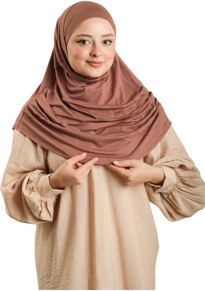 Haki Pratik Hazır Geçmeli Tesettür Eşarp Viskon Boneli Büyük Boy 1290BV_09