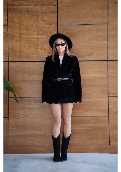 Suni Kürk Uzun Kollu Astarlı Blazer Ceket Kışlık Şık Kadın Peluş Ceket