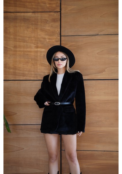 Suni Kürk Uzun Kollu Astarlı Blazer Ceket Kışlık Şık Kadın Peluş Ceket