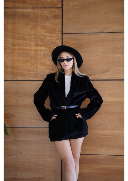 Suni Kürk Uzun Kollu Astarlı Blazer Ceket Kışlık Şık Kadın Peluş Ceket