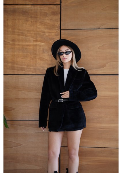 Suni Kürk Uzun Kollu Astarlı Blazer Ceket Kışlık Şık Kadın Peluş Ceket