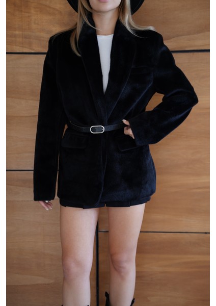 Suni Kürk Uzun Kollu Astarlı Blazer Ceket Kışlık Şık Kadın Peluş Ceket