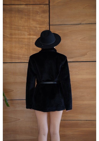Suni Kürk Uzun Kollu Astarlı Blazer Ceket Kışlık Şık Kadın Peluş Ceket
