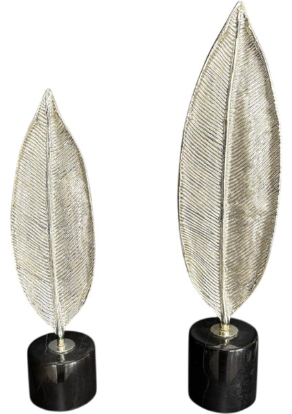 Mermer Kaideli 2’li Metal Dekoratif Yaprak Seti 60CM - 45CM / Gümüş Renk Döküm Yaprak Dekor