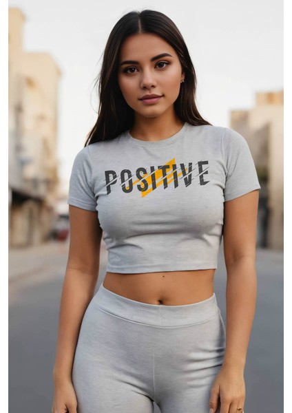 Positive Baskılı Kadın Crop T-Shirt - Gri Melanj