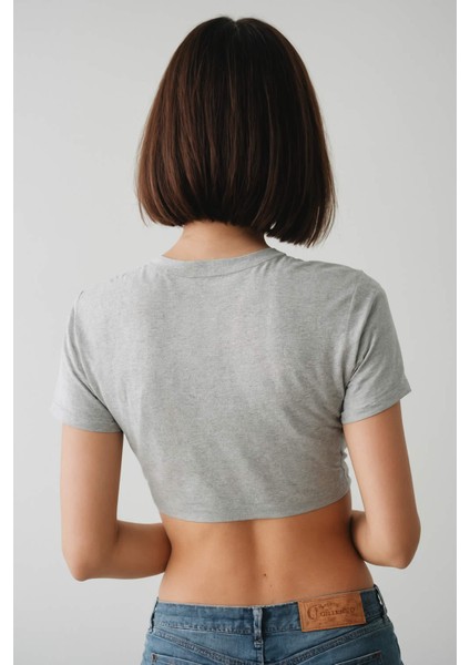 Positive Baskılı Kadın Crop T-Shirt - Gri Melanj fiyatları