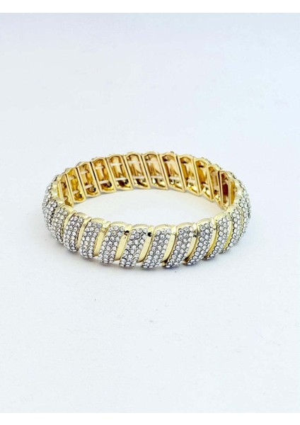 Altın Renkli Zirkon Taşlı Chevron Desenli Şık Bileklik
