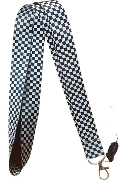 Siyah Beyaz Dama Kare Desenli Boyun Askı Ipi ve Telefon Askısı + Kartlık
