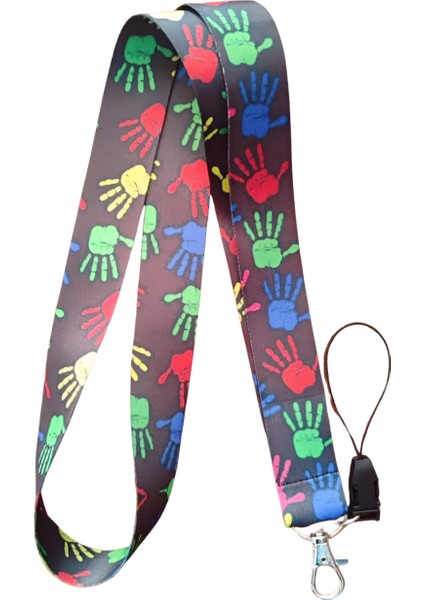 Renkli El Izleri Desenli Boyun Askı Ipi ve Telefon Askısı + Kartlık