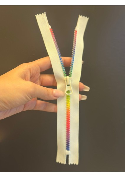 24X3 cm Renkli Dişli Beyaz Fermuar