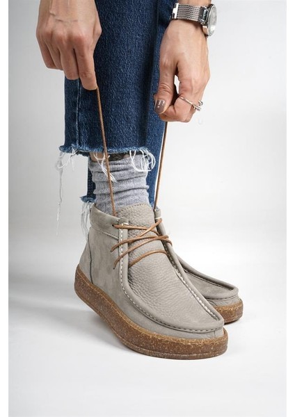 241520 Bağcıklı Günlük Bot Hakiki Deri Gri Nubuk